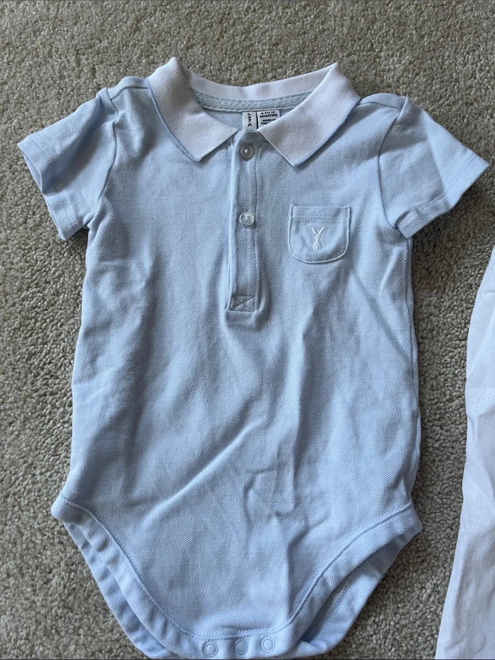 Easter Bunny White Baby Suspender Pants & Light Blue Polo Onesie Set Two Socks